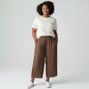 Flax 100% linen elastic waist pull on wide leg pants. Striped multi color moss.